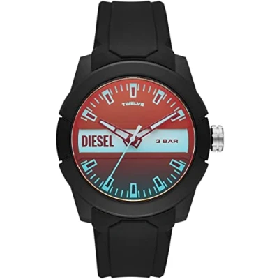 Abbildung von Diesel Herrenuhr Double Up, Dreizeigeruhrwerk, 43 mm schwarzes Nylongehäuse mit Silikonarmband, DZ1982