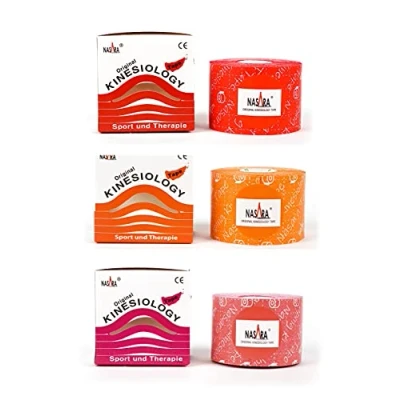 Abbildung von Original NASARA Kinesiologie Tape, 3er Warm Pack, pink, orange, rot. Rollengröße 5cm x 5m