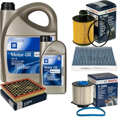 Abbildung von Inspektionspaket Wartungspaket Filterset mit 6L Motoröl 5W 30 Dexos2, Ölfilter, Luftfilter, Innenraumfilter (Aktivkohlefilter), Kraftstofffilter
