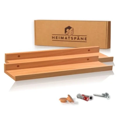 Abbildung von Heimatspäne 2er Set Bilderleiste Kernbuche 60cm Wandregal Holz [inkl. Schraubenabdeckungen aus Echtholz] Regalbrett als Wandboard oder Schweberegal