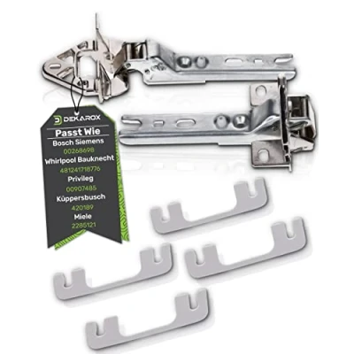 Abbildung von DEKAROX Türscharnier Set kompatibel mit Bosch Siemens 00268698 00268699 ersetzt Scharniere Ø 30mm 35mm 42mm, inkl. 4 Unterlegplatten für Kühlschrank