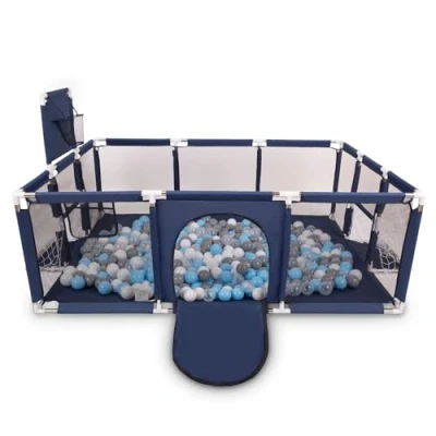 Abbildung von Selonis Laufstall Baby Großer Spielplatz Mit 100 Bälle Laufgitter Für Kinder, Dunkelblau:Grau/Weiß/Transparent/Babyblue