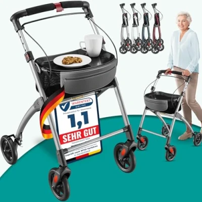 Abbildung von ELONEO Wohnungsrollator 54cm breit, faltbar und leicht, inkl. Tablett &amp; Stoffkorb, Rollator schmal für die Wohnung, Indoor Rollator, klappbar, Aluminium,Mobilität Zuhause silber