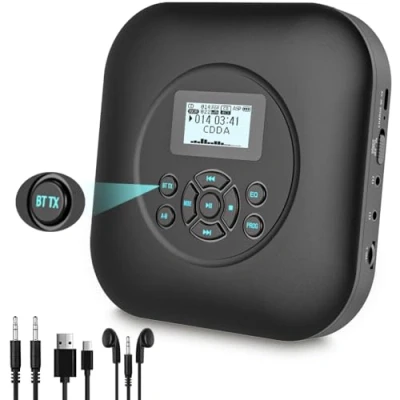 Abbildung von Tragbarer CD Player Bluetooth mit Lautsprechern, wiederaufladbarer 1800mAh tragbar Stoßschutz/Anti Skip Schutz, Kopfhörer und AUX Kabel, für Auto, Haus &amp; Reisen.