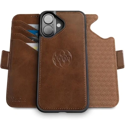 Abbildung von Dreem Fibonacci kompatibel mit iPhone 16 Brieftaschen Etui / 2 in 1 stoßfestes und abnehmbares Folio aus veganem Leder, MagSafe, RFID Schutz [Schokolade]