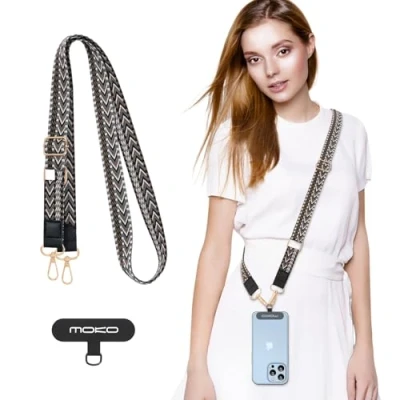 Abbildung von MoKo Universal Handy Lanyard, geflochtene Handykette, Umhängeband, Diebstahlschutz, abnehmbares Damen Lanyard um den Hals mit Patches für iPhone, die meisten Smartphones Schwarz+Grau