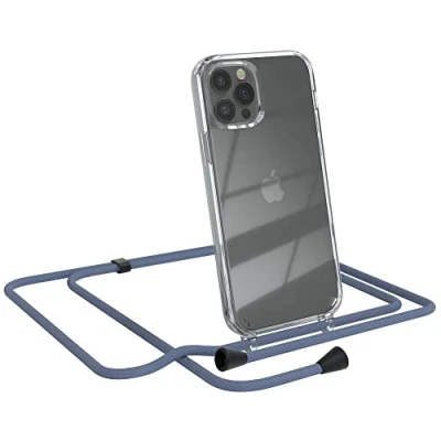 Abbildung von EAZY CASE Handykette kompatibel mit iPhone 12/12 Pro Handyhülle Umhängeband, Handykordel Schutzhülle, Silikonhülle, Hülle, Stylische Kette für Smartphone, EIS Blau Clips Schwarz