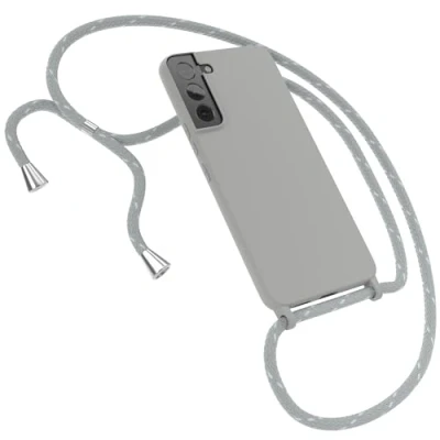 Abbildung von EAZY Case Silikon mit Kette kompatibel Samsung Galaxy S22 Plus 5G Stoßfest Handyhülle Band, Stylische Abnehmbar Necklace als Set in Grau Riemen Hellgrau/Weiß Endstücke Silber