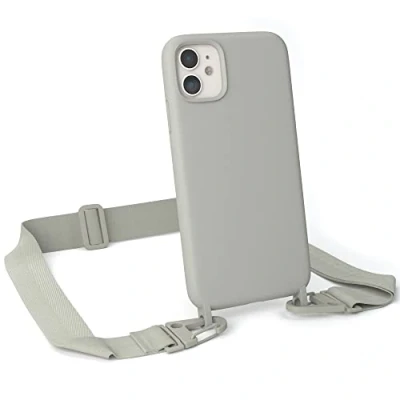 Abbildung von EAZY CASE Handykette Silikon mit Karabiner kompatibel iPhone 11 Handyhülle breitem Umhängeband, Handykordel Silikon, Hülle Band, Kette für Smartphone, Gurt, Taupe Clips