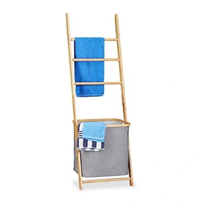 Abbildung von Relaxdays Handtuchhalter Bambus, Handtuchständer mit Wäschesack, Wäschesammler Leiterregal, HBT: 139 x 43,5 33cm, natur