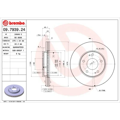 Abbildung von BREMBO 09.7939.24 Bremsscheibe 276 24 5 innenbelüftet MITSUBISHI: ECLIPSE 2, Space Wagon III, Runner II