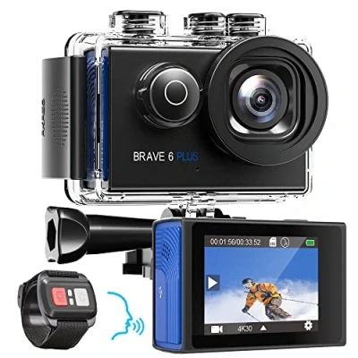 Abbildung von AKASO Action Cam 4K30FPS 20MP WiFi Actionkamera mit Touchscreen EIS 4X Zoom Fernbedienung 40m Unterwasserkamera 2X 1350mAh Akkus und Helmzubehör Kit
