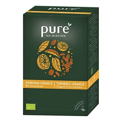Abbildung von Pure Tea Selection Kurkuma Orange Bio Früchtetee 100 % zertifiziert 25 Teebeutel aus Maisstärke gewebt und industriell kompostierbar x 3,5g