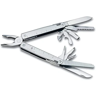 Abbildung von Victorinox Multifunktionstool, SwissTool mit Gürtelhalter, Multitool, Taschen Werkzeug, 26 Funktionen, Kombi Spitzzange, Feststellklinge