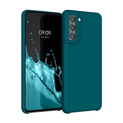 Abbildung von kwmobile Hülle kompatibel mit Samsung Galaxy S21 FE Silikon Handy Case Handyhülle weiche Oberfläche kabelloses Laden Petrol matt