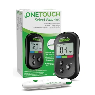 Abbildung von OneTouch Select Plus Flex(R) Blutzucker Messgerät (mg/dl) I Diabetes Testset (Zucker Krankheit) 1 + 10 Teststreifen Stechhilfe Lanzetten im Etui (inkl. Batterien)