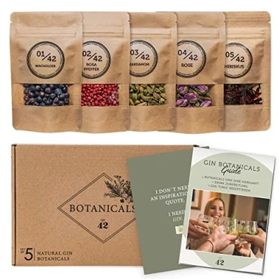 Abbildung von Gin Gewürze 5 natürliche Botanicals im Set für Tonic, als Cocktail Zubehör und zum selber machen Geschenkset Männer Frauen Baukasten