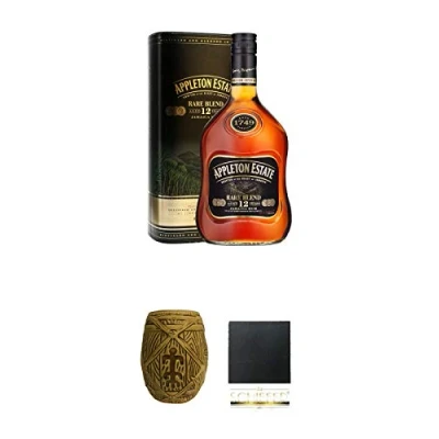 Abbildung von Appleton Estate Rare Blend 12 Jahre (43%) Jamaika Rum 0,7 Liter + Plantation MUG ohne Eichstrich 1 Stück Schiefer Glasuntersetzer eckig ca. 9,5 cm Durchmesser
