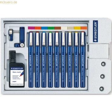 Abbildung von STAEDTLER Tuschezeichner Set Mars matic, 9 in sortierten Linienbreiten, Zeichentuschefläschchen, Schablonierstück, kein eintrocknen, gleichmäßige Tuscheabgabe, 700 S9