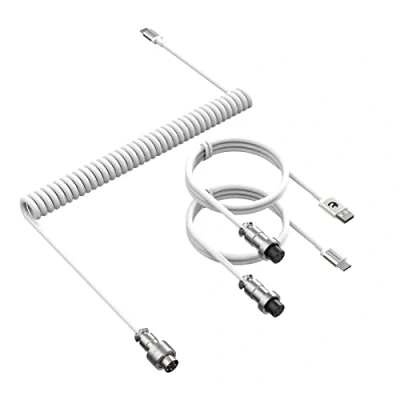 Abbildung von C04 Eins zu Zwei USB C Spiralkabel, A Typ C/Typ C, 5 poliger abnehmbarer Metall Luftfahrtstecker, ausziehbares TPU Federkabel für DIY mechanische Gaming Tastatur/PC/Telefon Weiß