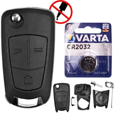 Abbildung von mt key Auto Klapp Schlüssel Ersatz Gehäuse 3 Tasten + Rohling VARTA CR2032 Knopfzelle, (3 V), für Opel Zafira B Antara Chevrolet Captiva Funk Fernbedienung