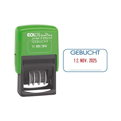 Abbildung von COLOP Printer S260 L3 Green Line Stempel, Text Gebucht, Abdruck Blau Rot, Datum Deutsch