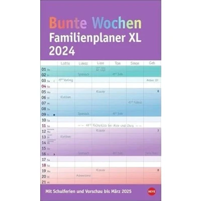 Abbildung von Bunte Wochen Familienplaner XL 2024. Familienkalender mit 6 Spalten. Praktischer Familien Wandkalender Schulferien. Extra breiter Terminkalender.