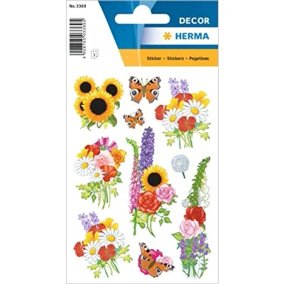 Abbildung von HERMA 3369 Aufkleber Blumen klein groß, 30 Stück, Pflanzen Sticker mit Sonnenblume Schmetterling Motiv, Kinder Etiketten für Fotoalbum Tagebuch Poesiealbum Scrapbooking Geburtstag Deko Briefe DIY