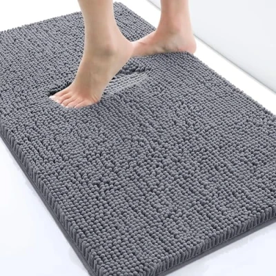 Abbildung von Homaxy rutschfeste Badematte Chenille Badezimmerteppich Mikrofaser Badteppich Saugfähige Hochflor Badvorleger 50 x 76 cm, Dunkelgrau