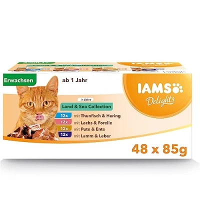 Abbildung von IAMS Delights Land &amp; Sea Collection, Nassfutter für Katzen in Gelee, 48 x 85 g