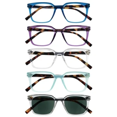 Abbildung von OPULIZE KOI Lesebrille &amp; Sonnenleser 5er Pack Rechteckiges Gestell Schwarz Violett Klar Aqua Damen Herren Federscharniere RRRRS50 35CQC +2.00