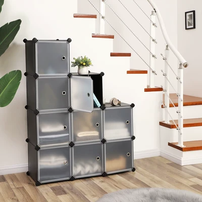 Abbildung von SONGMICS Regalsystem, Schuhregal, Set aus 9 Würfeln, Kleiderschrank Kunststoff, mit Türen, Steckregal, Aufbewahrung von Kleidung, Schuhen und Büchern, einfache Montage, schwarz LPC116HS