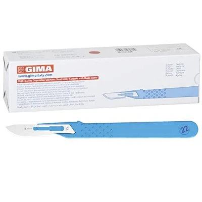 Abbildung von Gima Sterile Skalpelle aus rostfreiem Edelstahl, Handgriff ABS, zum Einmalgebrauch, Standard, Nr. 22, 10 einzeln verpackte Skalpelle.