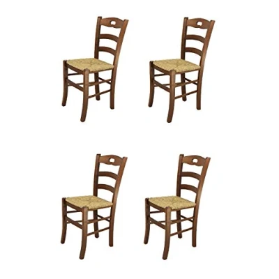 Abbildung von t m c s Tommychairs 4er Set Stühle Savoie für die Küche und Esszimmer, Robuste Struktur aus lackiertem Buchenholz, im Farbton Nussbraun Sitzfläche Stroh