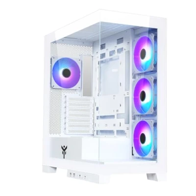 Abbildung von Itek Gehäuse SHOWBUI 45W Gaming Tower, ATX, 4 x 12 cm ARGB Lüfter, 2 USB3, Typ C, Seite und Vorderseite aus gehärtetem Glas, Weiße Ausgabe