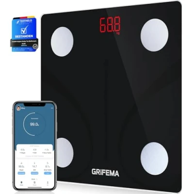 Abbildung von GRIFEMA Digitale Personenwaage, Waage mit Körperfett und Muskelmasse, Bluetooth Körperfettwaage App, für BMI, Protein, Schwarz [Exklusiv bei Amazon]