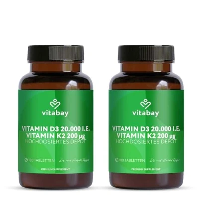 Abbildung von Vitabay Vitamin D3 K2 Hochdosiert 20000 IE Depot 360 Vegane &amp; Laborgeprüfte D Tabletten ohne Zusätze Trägt zur Unterstützung des Immunsystems und Erhaltung normaler Knochen bei