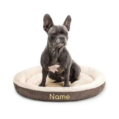 Abbildung von lionto Hundekörbchen rund in Donut Form, Ø 65 cm, Heimtierkissen für Hunde &amp; Katzen mit waschbarem Bezug Anti Rutsch Noppen, kuscheliges Hundebett aus Oxford Leinen Plüsch, braun (Namensaufdruck)