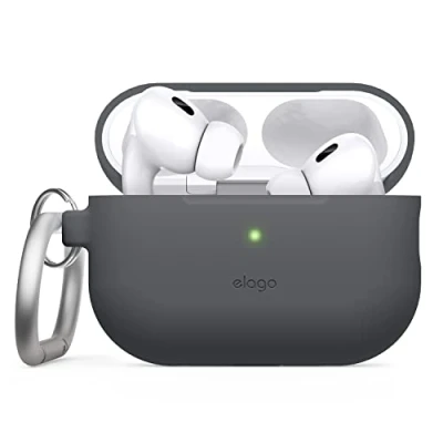 Abbildung von elago Silikonhülle Kompatibel mit Apple AirPods Pro 2. Generation Case, Schutzhülle Schlüsselanhänger, Sichtbare Front LED, Unterstützt Drahtloses Aufladen