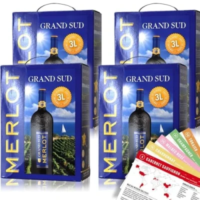Abbildung von Grand Sud Merlot, trocken, Bag in Box, sortenreines Weinpaket + VINOX Winecards (4x3,0l)