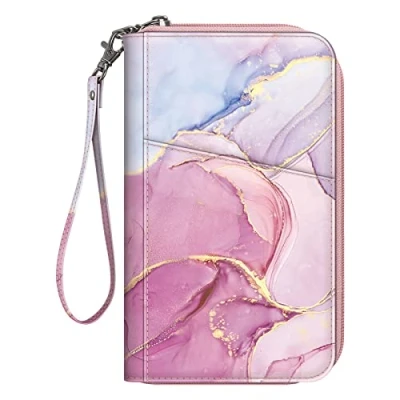 Abbildung von Fintie Reisepasshülle, Reisebrieftasche für Familie 46, RFID blockierend, Reisedokumenten Organizer, Clutch Reisepässe, Visitenkarten, Kreditkarten, Bordkarten, Marmorrosa