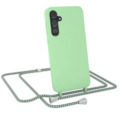 Abbildung von EAZY CASE Hülle mit Band kompatibel Samsung Galaxy A55 Handyhülle für Silikon Mikrofaser stoßfester Fallschutz Kette zum Umhängen Handykordel Hell Grün Camouflage Clips Silber