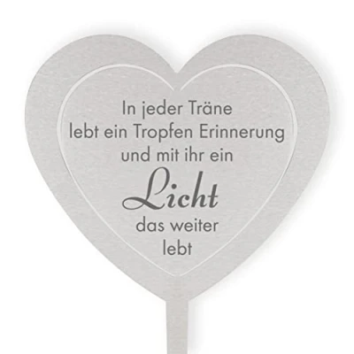 Abbildung von DOLORINO Grabstecker Herz groß &#039;In jeder Träne lebt&#039;, eine wetterfeste Erinnerung aus Edelstahl, schöne Grabdekoration