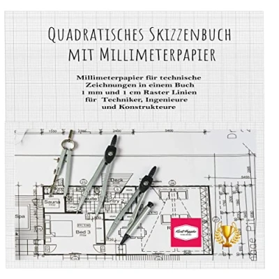 Abbildung von Quadratisches Skizzenbuch mit Millimeterpapier: Millimeterpapier für technische Zeichnungen in einem Buch. 1 mm und cm Raster Linien Techniker, ... Konstrukteure (Zeichnen, Malen, Doodeln)