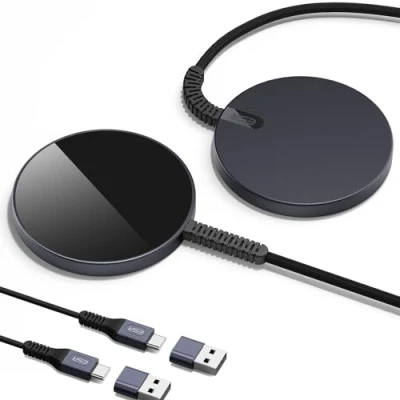 Abbildung von ESR HaloLock Mini kabelloses Ladegerät, kompatibel mit MagSafe für iPhone 16/15/14/13 Serie, Airpods 4, starker Magnetverschluss, verstärktes Nylonkabel, 2 Stück, Schwarz