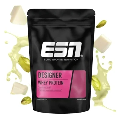 Abbildung von ESN Designer Whey Protein Pulver, White Chocolate Pistachio, 1 kg, bis zu 23 g pro Portion, ideal zum Muskelaufbau und erhalt made in Germany