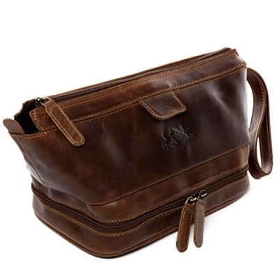 Abbildung von SID &amp; VAIN Kulturbeutel echt Leder Kulturtasche groß braun NOTTINGHAM, Waschbeutel Echtleder für Herren, Kosmetiktasche cognac