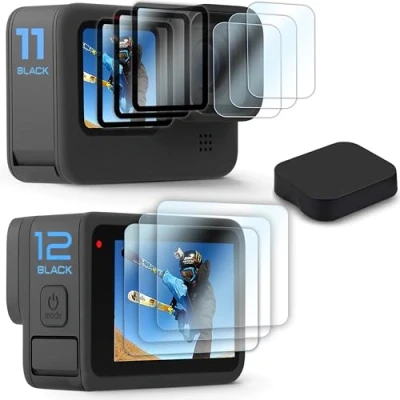 Abbildung von FitStil [9 PCS] lDisplayschutzfolie für Go Pro Hero 12/11/10/9 Black, ultraklarer, klarer Schutz aus gehärtetem Glas Vorder und Rückseite + Objektivschutz Dreier Set Objektivabdeckung