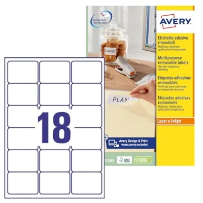 Abbildung von AVERY Zweckform L6025REV 25 Universal Etiketten (450 plus 90 Klebeetiketten extra, 63,5x46,6mm auf A4, wieder rückstandsfrei ablösbar/abziehbar, bedruckbar, selbstklebende Aufkleber) 30 Blatt, weiß