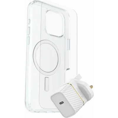 Abbildung von OtterBox Sturzschutz Bundle für iPhone 16 Pro Max; Symmetry Series Clear MagSafe Hülle, Premium Glass Displayschutz und UK 30W USB C Schnellladegerät